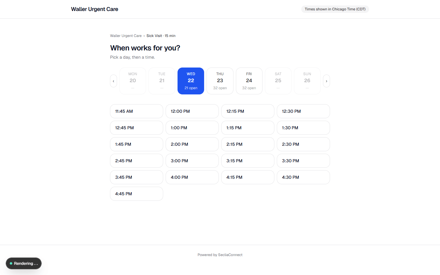 Waller Urgent Care's SecliaConnect booking screen — patients pick a day and time from the open-slots grid